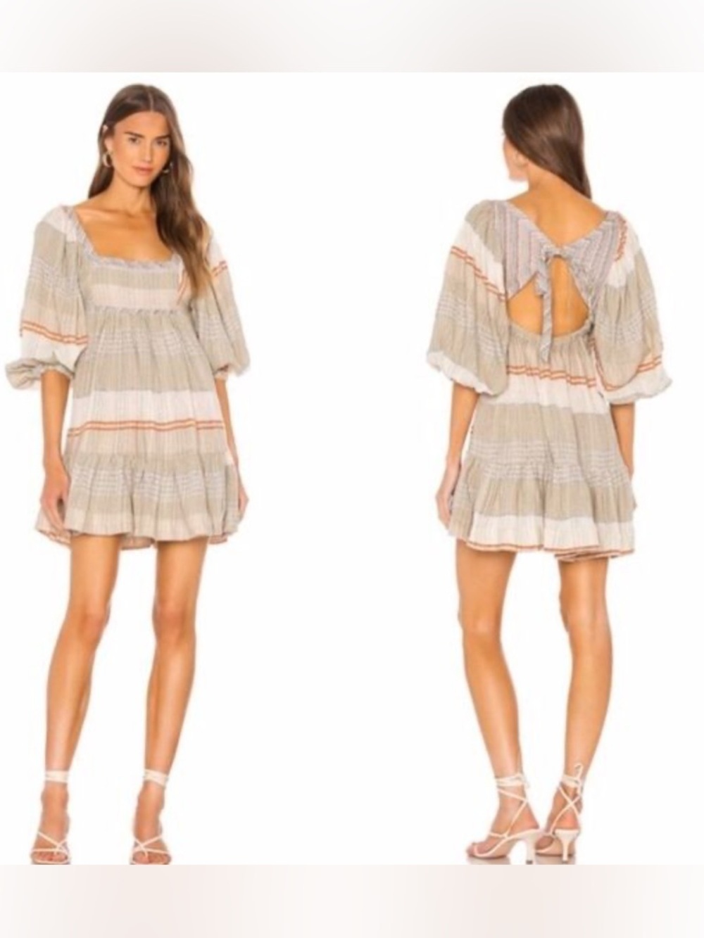 Free People Cozy Striped Peasant Mini Dress Size S Open Back Ivory Combo NWT - Picture 3 of 12